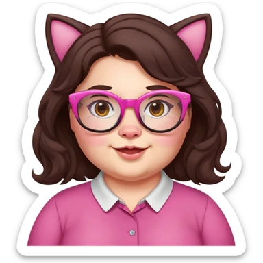 chubby English teacher face, pink cat glasses, wavy long dark brown hair, cheerful, slight gamer touch sticker