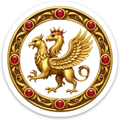 Golden griffin crest / brosch in a circle with red gems and no background sticker