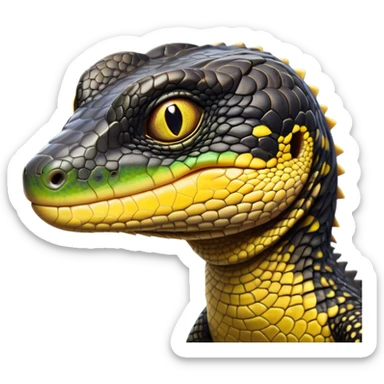 cinematic-realistic-cute-monitor-lizard-portrait-emoji,-head-tilted-playfully-and-inquisitively,-featuring-a-compact,-agile-body-with-finely-detailed,-glossy-scales-in-earthy-black and yellow-hues-and-a-distinct,-alert-face-with-bright,-curious-eyes, black , yellow spotted and green band  scales sticker