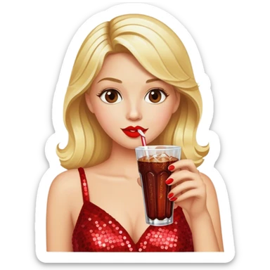 Blonde model wearing red sequin gown sipping diet cola sticker