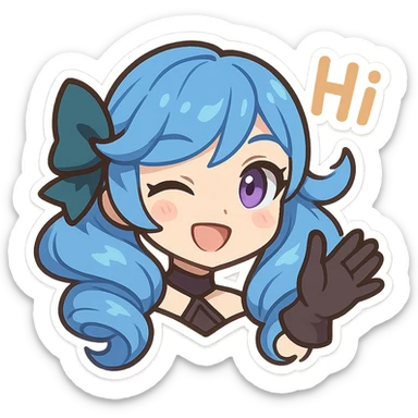 Gwen from League of Legends, chibi style, only head, right eye purple, one hand waving with glove, hi emote, winking, no text sticker