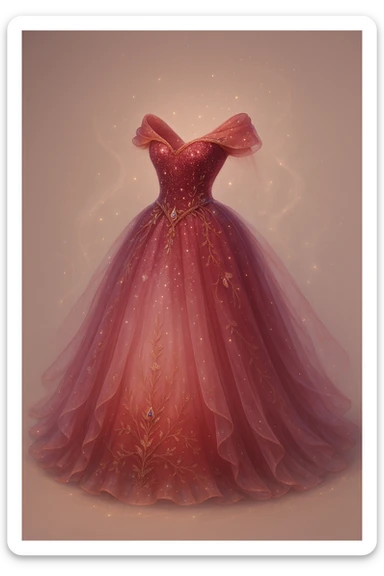 Transform this red ballgown into an even more fancy, ethereal, and mystical dress, combining fantasy and Disney princess elements. Add magical sparkles, flowing layers, and a dreamy, otherworldly aura. Style should reflect a fantasy Disney princess look with ethereal and mystical qualities. sticker