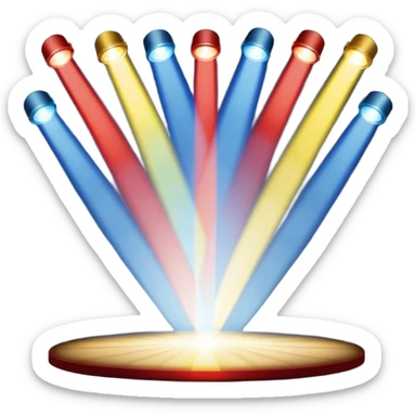An emoji of stage lights shining brightly. Multiple spotlights in different colors (blue, yellow, red) angled towards a stage, creating a dramatic and concert-like atmosphere. Beams of light cutting through the darkness with a slight glow effect sticker