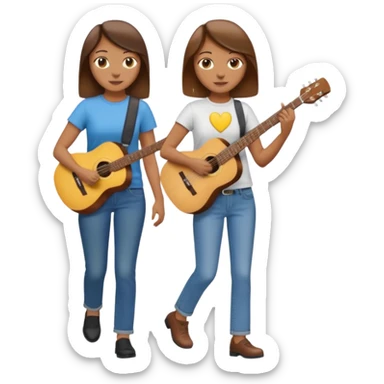 based on emoji style, two people walking together. one is brown-haired woman, wearing business casual, holding a guitar. Another one is a non-binary person, wearing t shirt and jeans, and the second person doesn't have anything on their hands. sticker
