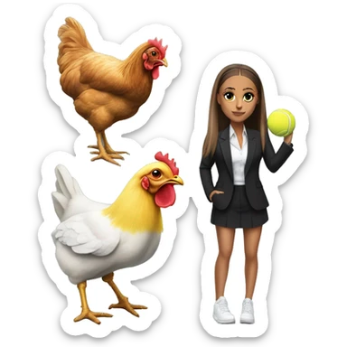 generate a emoji of ariana grande playing tennis in a suit with a chicken on her head and the tennis ball is dwayne the rock johnson sticker