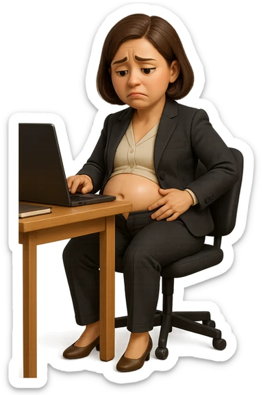 emoji stile iphone di una donna seduta alla scrivania dell'ufficio in completo elegante con i pantaloni sbottonati perché ha la pancia gonfia, falla a corpo intero, iperrealistico 4k sticker