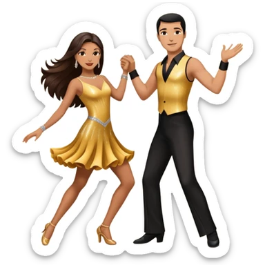 Photorealistic dancesport professional latin couple dancing the samba at the competition dancefloor, the women is in skinny sparkly dress, , the women has brown long hair, the man has short black hair, the man hold woman's hand by his one hand and his second hand is on the women's waist  sticker