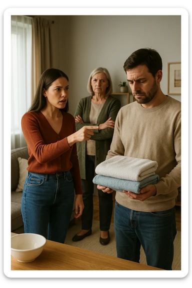 a woman stands assertively in the center of a living room, giving clear instructions to her partner. The man, with a submissive and resigned expression, follows her directions, perhaps holding household items or performing a chore. Behind them, an older woman (the mother-in-law) stands with crossed arms and a disapproving look, watching the scene unfold. The lighting is natural, and the atmosphere is tense but realistic. sticker
