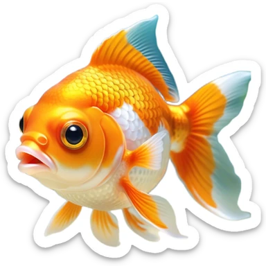 Cinematic Cute Orange and White Goldfish Portrait Emoji, Head tilted playfully and inquisitively, featuring a glossy, vibrant body adorned with a striking mix of orange and white, round, sparkling golden eyes filled with curiosity, Simplified yet irresistibly adorable features, highly detailed, glowing with a warm, friendly glow, high shine, affectionate and lively, stylized with a touch of whimsy, bright and endearing, soft glowing outline, capturing the essence of a mischievous yet loving goldfish, so playful it feels like it could swim out of the screen and into your heart! sticker