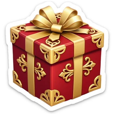 Create a highly polished, 3D game UI–style gift box with a luxurious red and gold theme. gift box ,The square box features deep crimson-red panels with ornate gold metallic trim and filigree details along the edges.  sticker