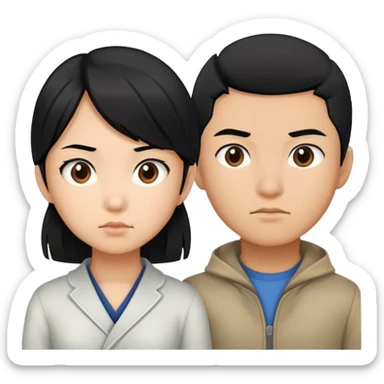 Emoji of a determined, North Korean defector, must be asian girl with her little brother, both must have black hair sticker