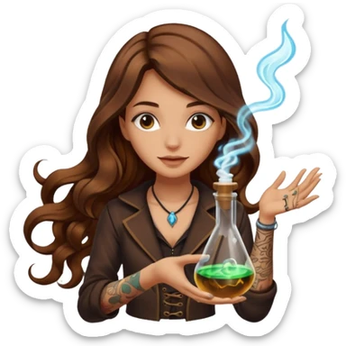 alchemist woman long wavy brown hair tattoos flipping glowing vial sticker
