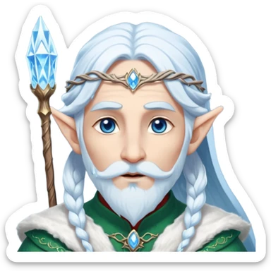 Legendary fantasy Christmas elf portrait icon, Santa Claus and Snow Maiden inspired, ancient winter spirit style, long flowing white-blue hair, glowing frost eyes, crystal staff, elegant elven features, divine winter magic aura, icy silver color palette, highly detailed but clean emoji icon male sticker