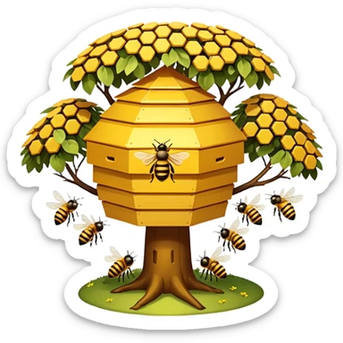 A small hive nestled between tree branches with worker bees. sticker