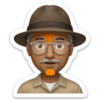 Brown man with wide rimmed hat no hair, but gray goatee, clear glasses and slightly smiling sticker
