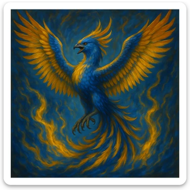 Change the phoenix to blue and gold colors, keep the majestic, fiery, dynamic style, wings spread, vibrant pose. sticker