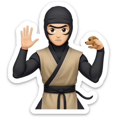 clash-of-clans-aesthetic_-cinematic-mysterious-male-ninja-portrait-emoji, rendered in a flat, vector-style with minimal shading and bold, simplified shapes, his arm is stretched out  with a head slightly turned revealing intense, focused eyes. the ninja is accompanied by a Ninken dog sticker