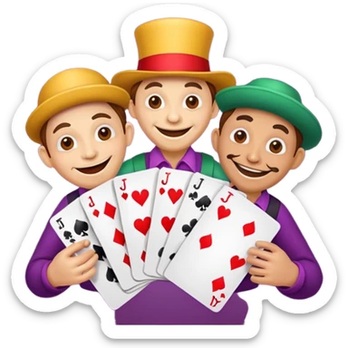 3 poker cards, with crazy colorful human jolly jokers inside, puppeteers sticker
