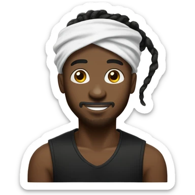 Black man with a dreadlock bun with a under cut with a white and black bandana on his head with black t shirt sticker