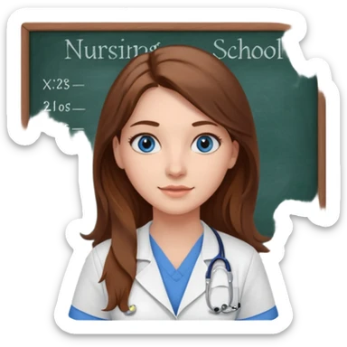 university classroom that says nursing school on the blackboard with a pretty female nursing student with long brown hair, blue eyes sticker