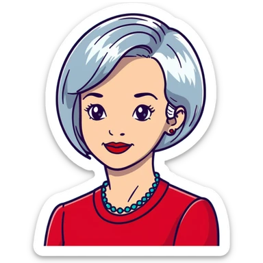 Elegant older woman with silver-gray bob haircut, light skin, almond eyes, red lipstick, red blouse, sophisticated warm smile sticker