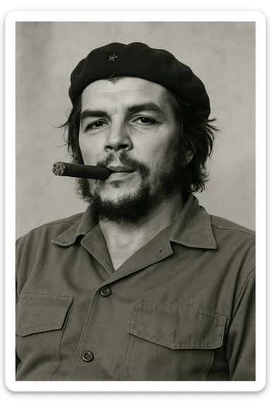 Сгенерируй мне в такой же позе и в такой же одежде Че Гевара и с сигарой в зубах, без надписей и слов sticker