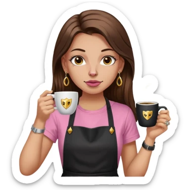 Fille cheveux long châtain, peau beige type européen, teeshirt rose avec un tablier noir, piercing au nez anneau doré, boucle d’oreille diamant doré. Elle boit un café. tatouage à la gorge  sticker