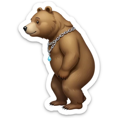 Full-length realistic bear on all four legs in walking position, medium brown color, stern face, head to tail view, ice chain necklace sticker