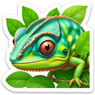 cinematic cute-smiling baby chameleon-realistic emoji,-blending-with-vibrant-greenery.-detailed-scales-in-shifting-colors,-showing-the-chameleon’s-ability-to-camouflage.-soft-natural-light-highlights-its-texture.-light-background, zoomed into its face sticker