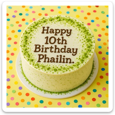 A round matcha white chocolate cake with green sprinkles, confetti around, cheerful and bright atmosphere, 'Happy 10th Birthday Phailin.' written in playful font on the cake. sticker