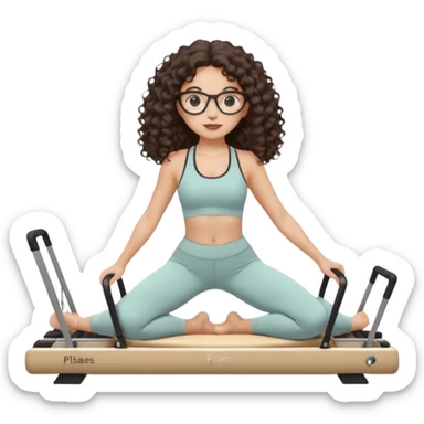 Memoji-style girl with long dark brown curly hair, round glasses, large brown eyes, soft rounded face,makeup, warm beige skin tone, wearing Pilates activewear performing Pilates and reformer Pilates exercises on a reformer machine, pastel color palette, smooth soft shading sticker