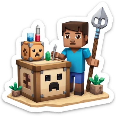 minecraft crafting station in a minecraft cube style with tools, stone, wood, glass, sand, ... sticker