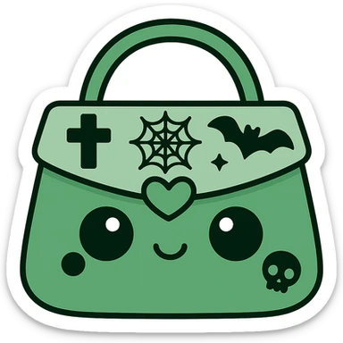 Change the color scheme to green and black. Create a gothic kawaii purse with big eyes, smiling, cartoonish and playful style. Include gothic details like crosses, spiderwebs, bats, and skulls. Remove the background. sticker