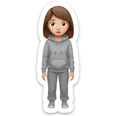Chica grande  asustada de cuerpo completo mirado a la izquierda con pelo castaño pantalones grises y hoodie gris  sticker