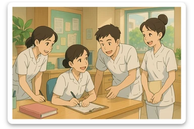 Four nursing students inspired by provided photos, collaborating and interacting warmly in a care station, Ghibli style. White short-sleeve uniforms with V-neck medical tunics, left chest pocket, no classic collar, no stethoscopes, no visible clothing under sleeves. Bright, dynamic scene with a warm team spirit and hospital soft decor. sticker