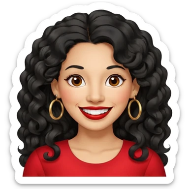 40 yr old peruvian woman, wavy/curly long black hair, red lipstick, big smile, white teeth, brown eyes, hoop earings, side part to hair, round face sticker