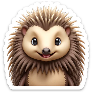 Cinematic Cute Echidna Portrait Emoji, Head tilted playfully and inquisitively, featuring a fuzzy, spiky fur with an adorably scrunched face and a cute, pointed snout, round, sparkling eyes filled with gentle curiosity, Simplified yet irresistibly adorable features, highly detailed, glowing with a warm, friendly glow, high shine, affectionate and quirky, stylized with a touch of natural whimsy, bright and endearing, soft glowing outline, capturing the essence of a mischievous yet loving echidna, so playful it feels like it could nuzzle out of the screen into your arms! sticker