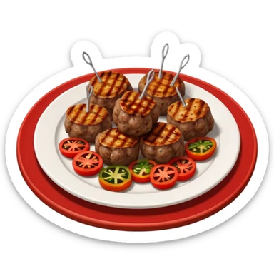 Akçaabat meatballs object icon, grilled Turkish kofte pieces on a plate, smoky char marks, juicy texture, served with grilled peppers and tomatoes, 3D cartoon, mobile game icon style, centered, clean background, no text, no watermark
 sticker