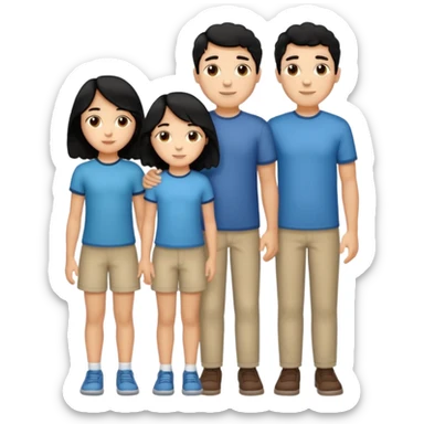 Hispanic family of five standing side by side, mom with long straight hair, dad with short curly hair, two boys with matching short hair, one girl with long straight hair, no raised hands, transparent background sticker