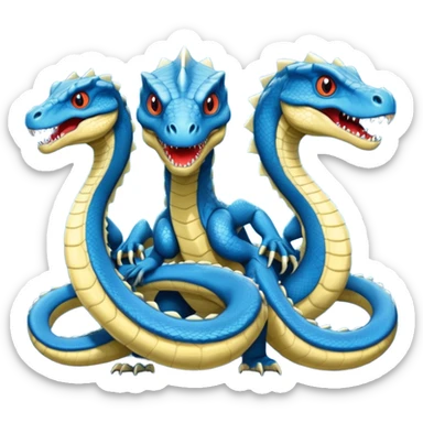 blue hydra, strong reptilian body, like a dinosaure, not like a snake,  with 3 serpent-like heads rising from its neck sticker