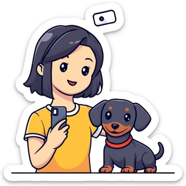 black hair asian girl taking selfie with black dachshund sticker