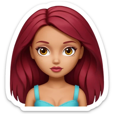 Bratz doll with dark red hair and a beauty mark sticker