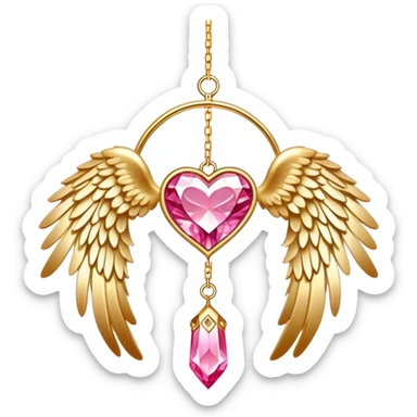 Reddish-pinkish and golden warm-colored romantic lush beautiful pretty hanging crystal-catcher aesthetic with hearts and glitters sparkles and feathers and white angel wings hanging from a gold chain sticker