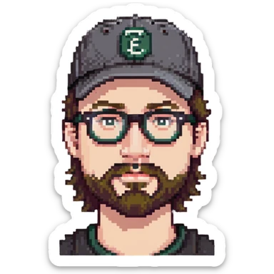 adventurer with goatee beard (no beard on cheeks), short hair, glasses and backwards baseball cap sticker