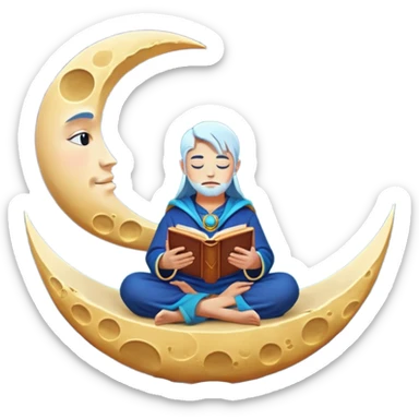 human mystic character reading alchemy book under giant floating moon sticker