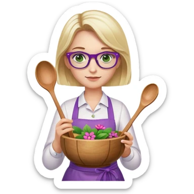 woman with blonde shoulder length hair, purple glasses, green eyes, flower apron, holding bowl and spoon sticker