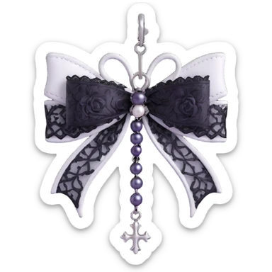 gothic bow, white leather, silver bat charm, black rose center, black lace trim, dark pearl details, silver cross charm sticker