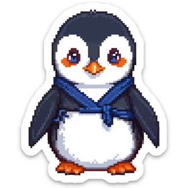 A penguin wizard with a serious expression, wearing a dark blue robe, hands clasped together sticker