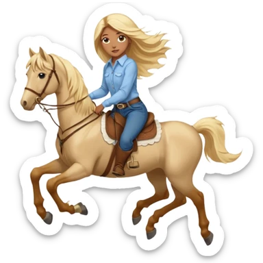 Brown girl with blue eyes and very, very long blonde/gold hair that’s blowing in the wind wearing a cream colored collared long sleeve shirt and jeans with brown boots on top of a brown horse, don’t show it’s legs  sticker