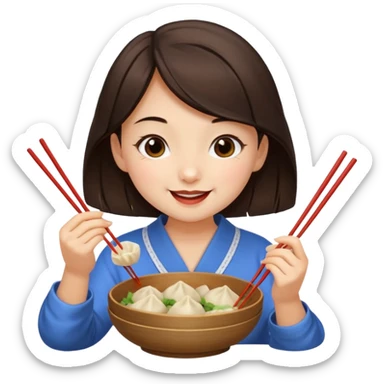 A dark brown-haired girl happily eating dumplings. sticker